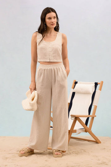 STRIPE SLEEVELESS CROP TOP AND LOUNGE BOTTOMS SET