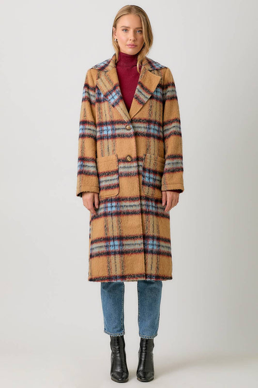 FUZZY PLAID LONG COAT