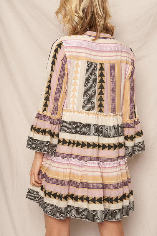 3/4 SLEEVE V-NECK TIERED MINI DRESS