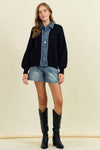 DENIM CONTRAST RIB CARDI