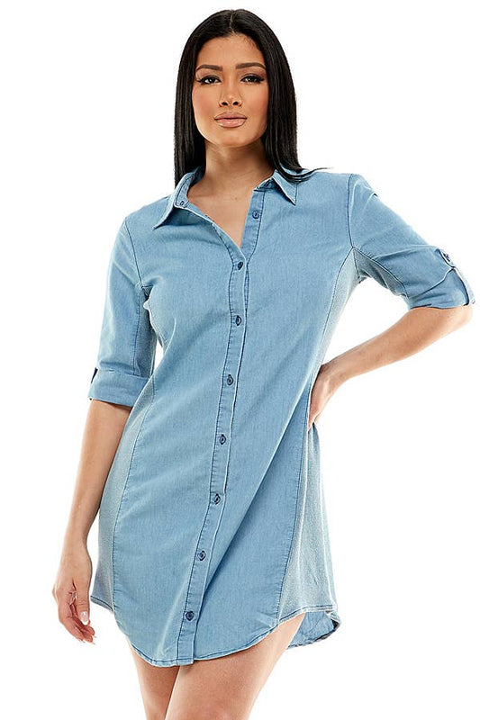 CHAMBRAY MINI SHIRT DRESS