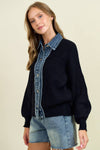 DENIM CONTRAST RIB CARDI