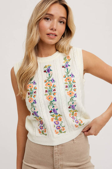 EMBROIDERED KNIT TANK CREAM