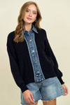 DENIM CONTRAST RIB CARDI