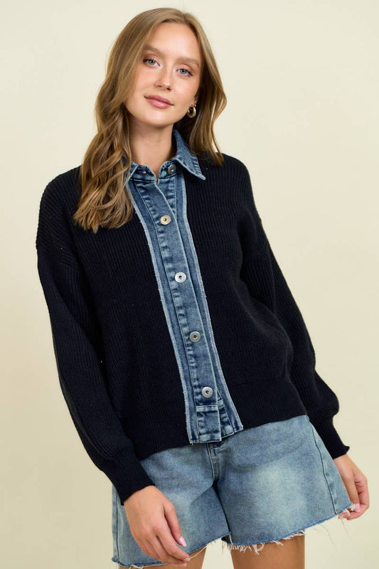 DENIM CONTRAST RIB CARDI