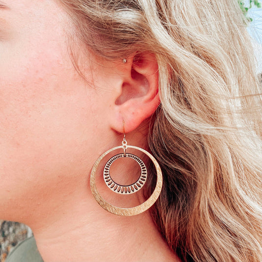 GOLD HOOP QUARTZ OR WOOD EARRINGS