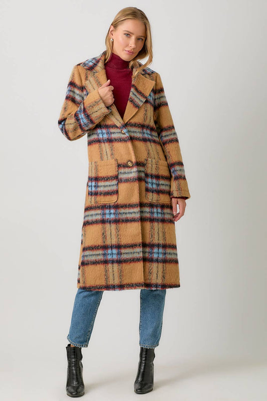 FUZZY PLAID LONG COAT