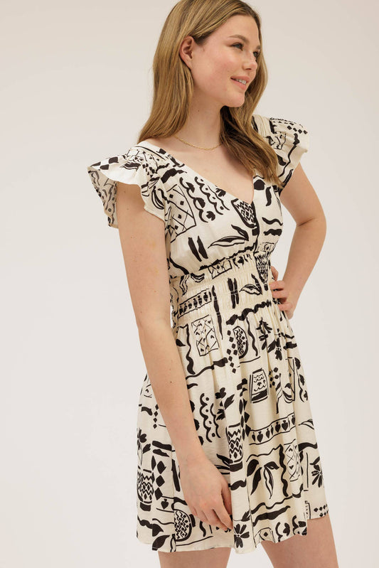 FLORAL LINE PRINT MINI DRESS