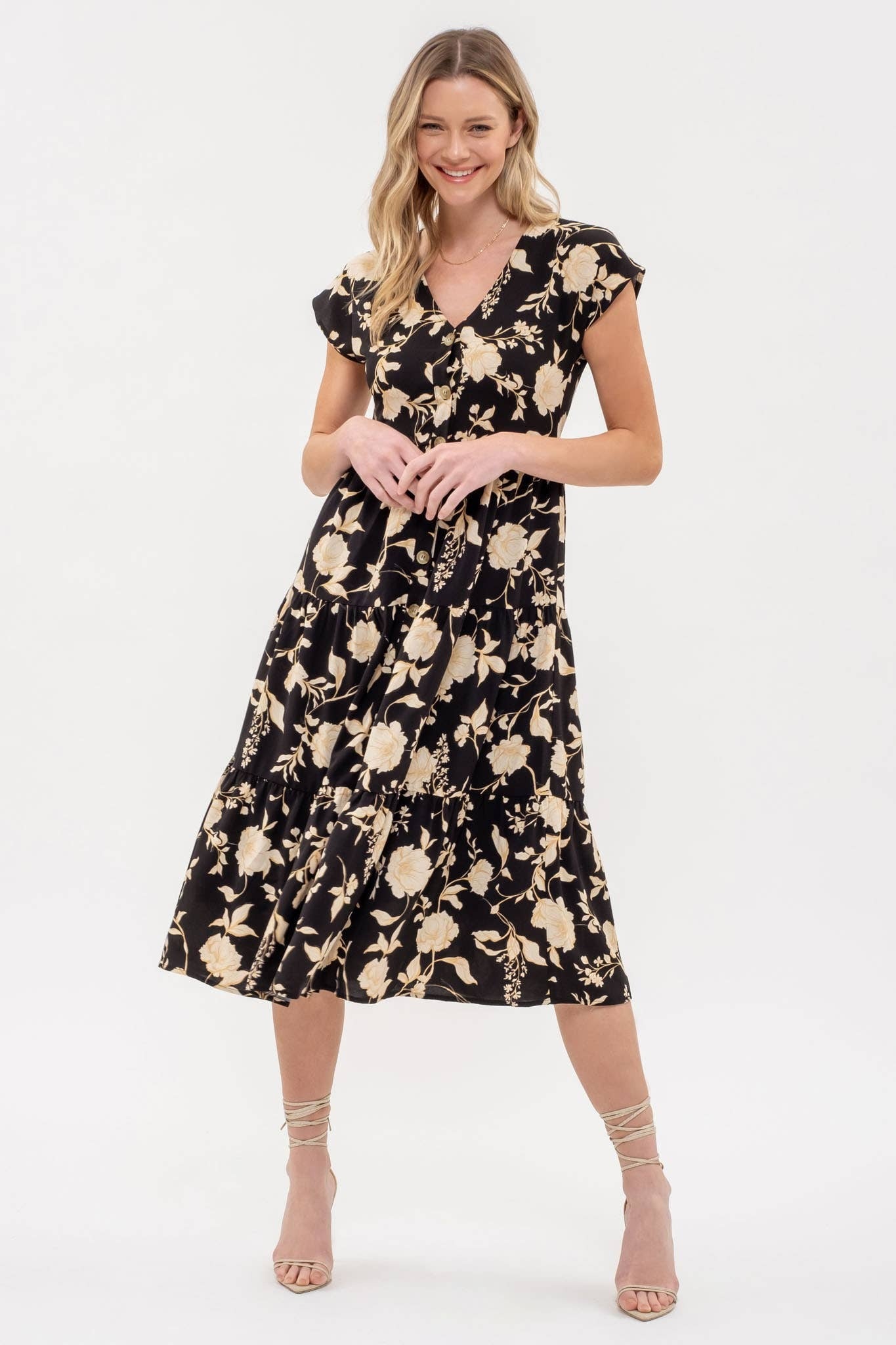 BLACK FLORAL TIERED DRESS