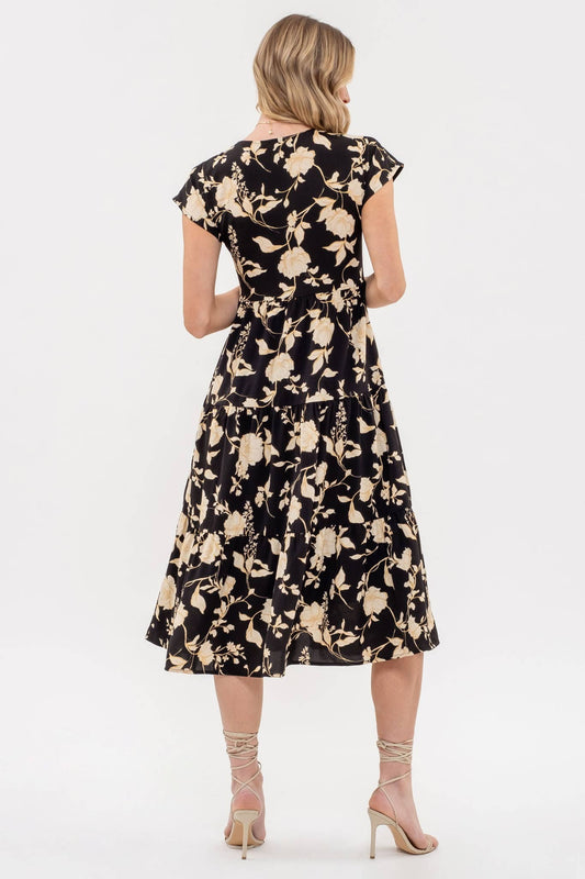 BLACK FLORAL TIERED DRESS