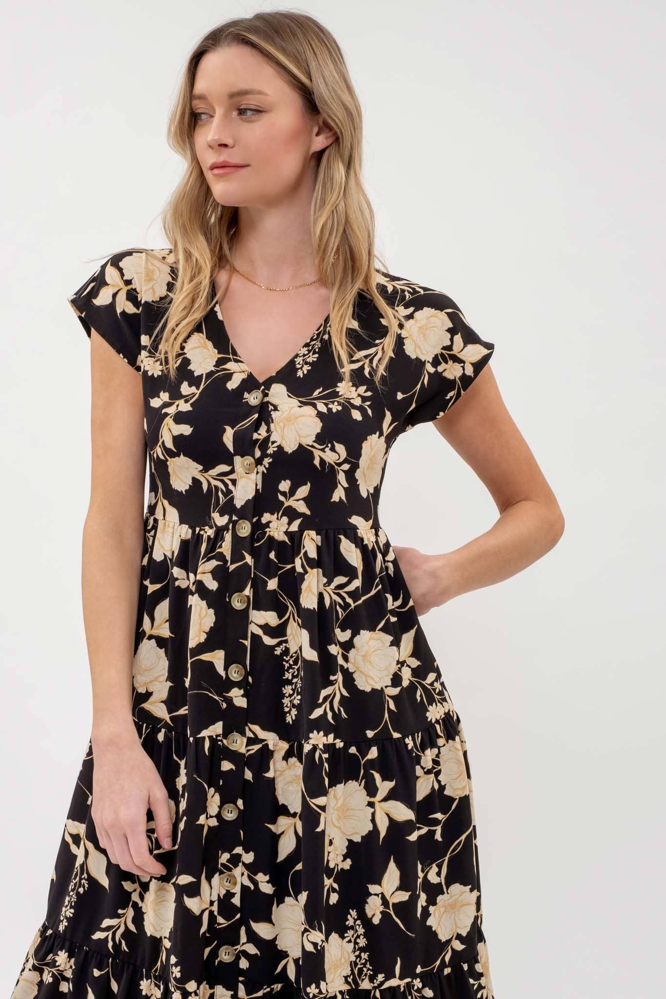BLACK FLORAL TIERED DRESS