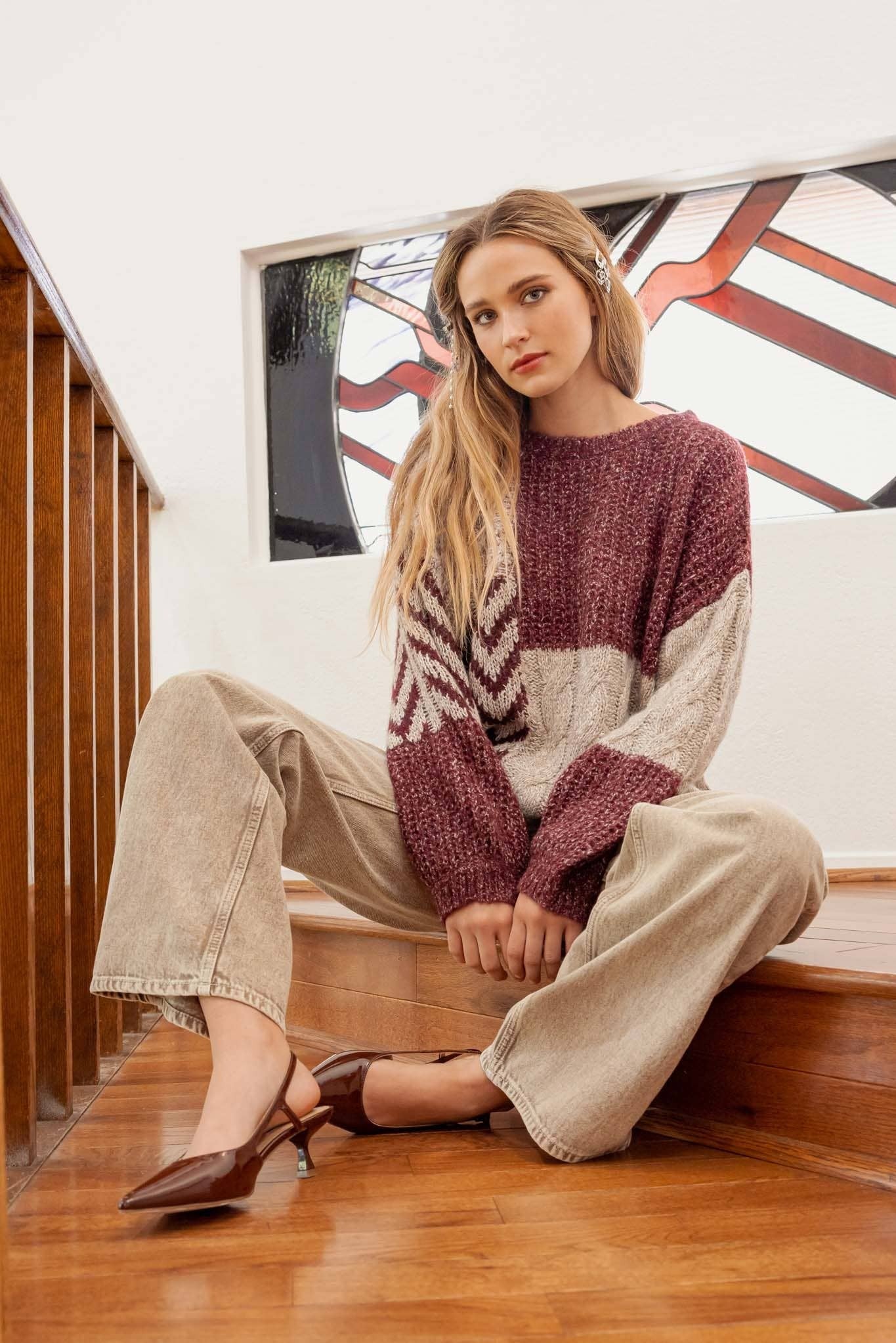 COLORBLOCK CABLE KNIT SWTR