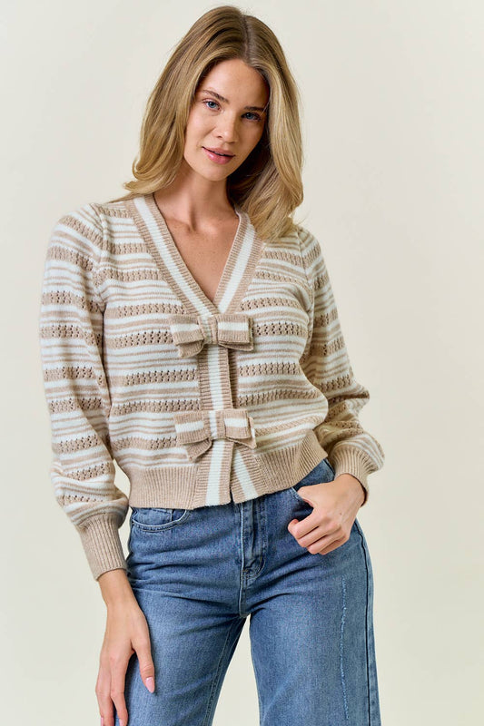 BOW TIE FRONT STRIPED CARDIGAN