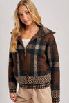 PLAID WIDE COLLAR KNIT JACKET