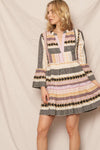 3/4 SLEEVE V-NECK TIERED MINI DRESS