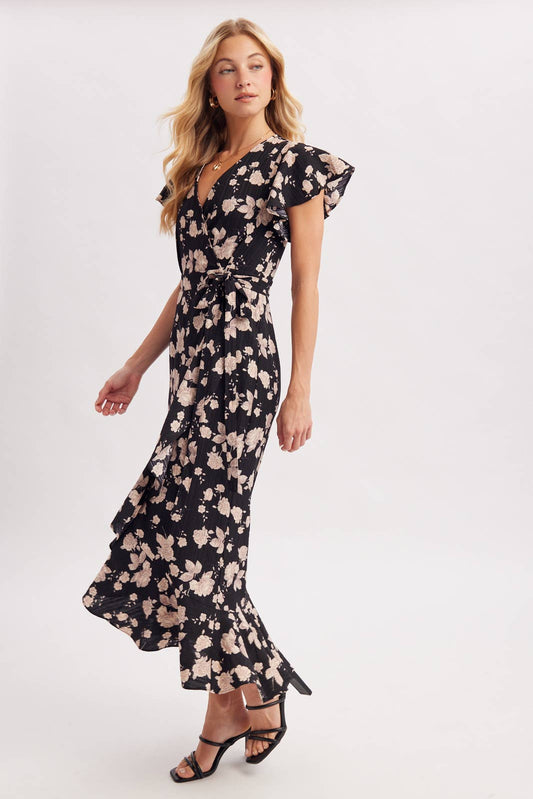 FLORAL RUFFLE WRAP MIDI DRESS