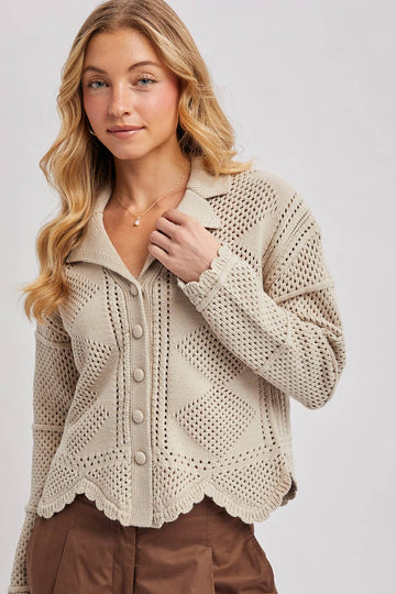 BUTTON DOWN SCALLOPED HEM CARDIGAN
