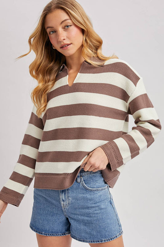 STRIPED COLLAR BOXY KNIT PULLOVER