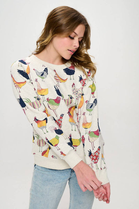 COLORFUL ROOSTER PRINT SWEATSHIRT