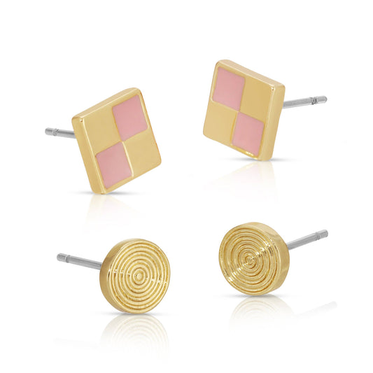 CHECKERBOARD + SWIRL 2PK STUDS GOLD