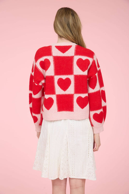 HEART CHECKERED KNIT SWEATER