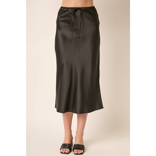 BLACK SATIN MIDI SKIRT