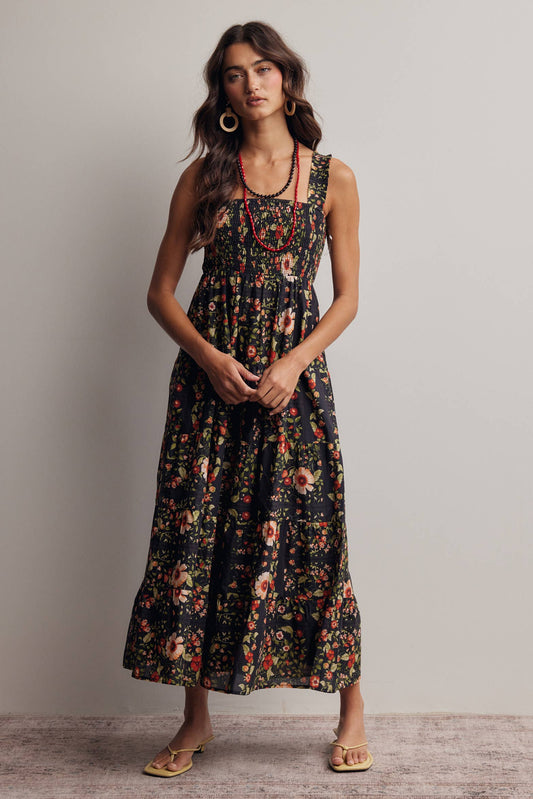 FLORAL TIERED MIDI DRESS