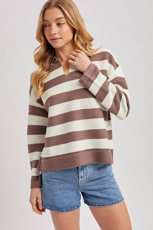 STRIPED COLLAR BOXY KNIT PULLOVER