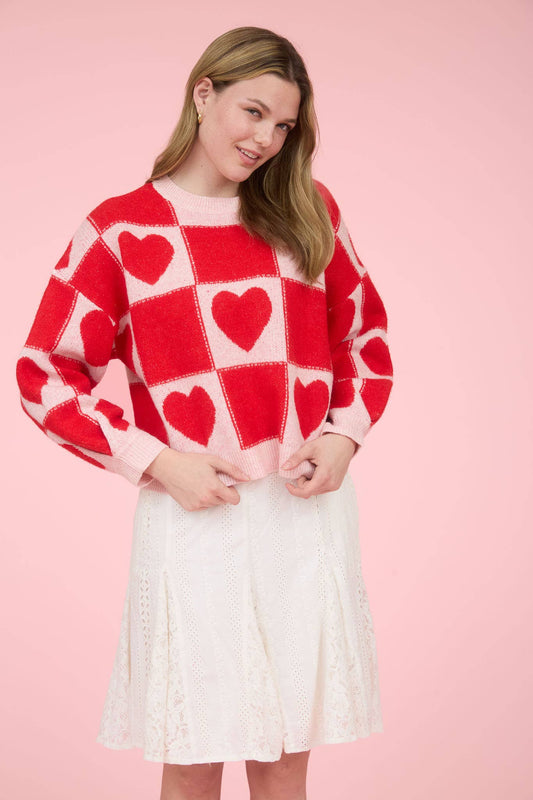 HEART CHECKERED KNIT SWEATER