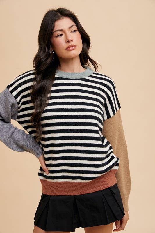 STRIPED COLOR BLOCK SLEEVE SWEATER TOP