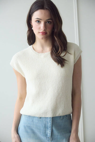 BACK SHEER TIE SHORT SLEEVE KNIT SWEATER