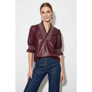 RUFFLE VEGAN LEATHER BLOUSE