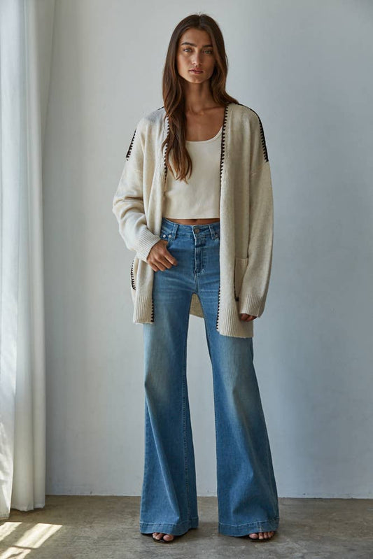 CONTRAST STITCH OPEN CARDIGAN