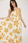LEAF PRINT BACK TIE STRAP EMPIRE WAIST MIDI DRESS