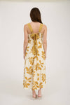 LEAF PRINT BACK TIE STRAP EMPIRE WAIST MIDI DRESS