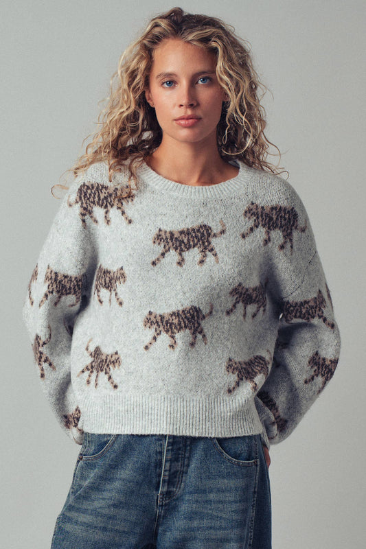 PLAYFUL LEOPARD KNIT CREWNECK SWEATER
