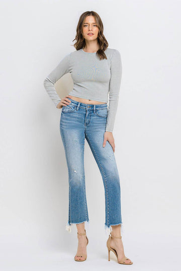 MID RISE FRAYED HEM ANKLE JEANS