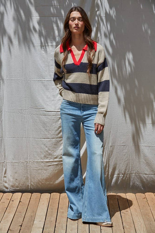 KNIT PULLOVER TOP CONTRAST COLLAR