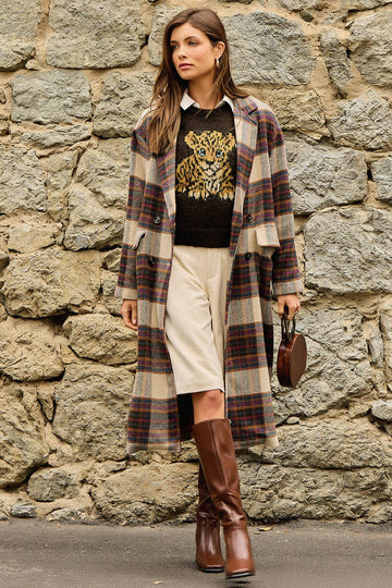 PLAID WOOL BLEND LONG COAT