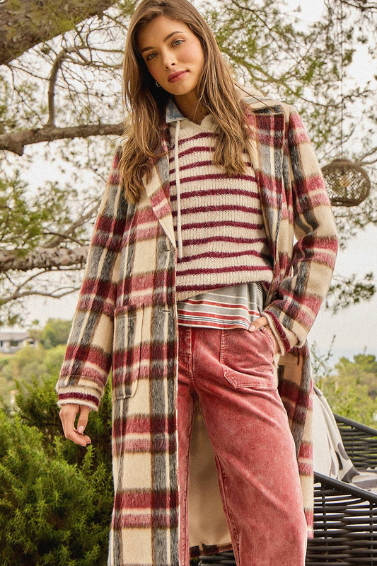BRUSHED PLAID LONG COAT