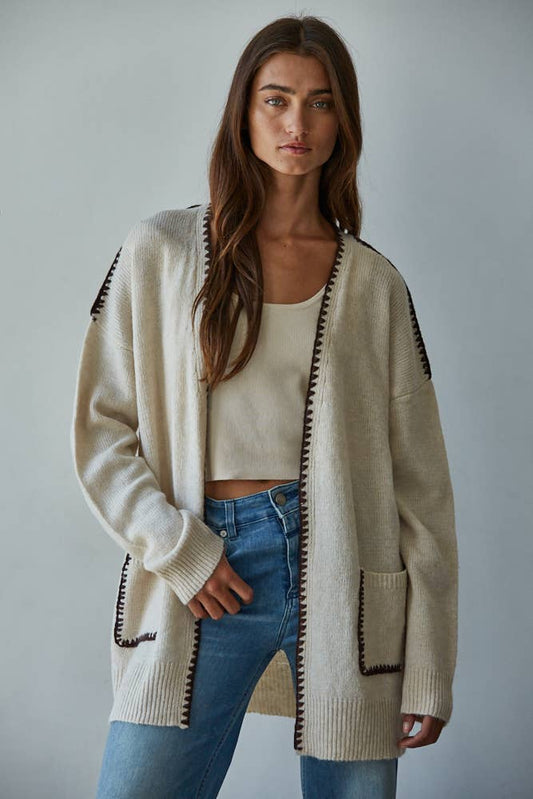 CONTRAST STITCH OPEN CARDIGAN