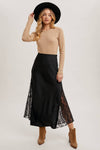 LACE TRIMMED SATIN MIDI SKIRT