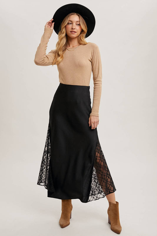 LACE TRIMMED SATIN MIDI SKIRT