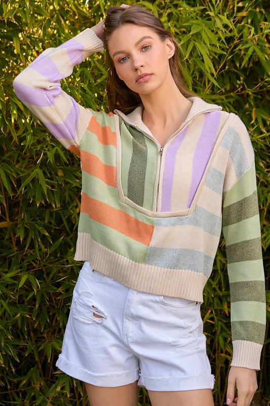 STRIPE COLOR BLOCK ZIP SWEATER
