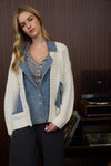 MIXED MEDIA CABLE KNIT DENIM TRIM JACKET
