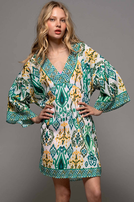 IKAT PRINT BELL SLEEVE DRESS