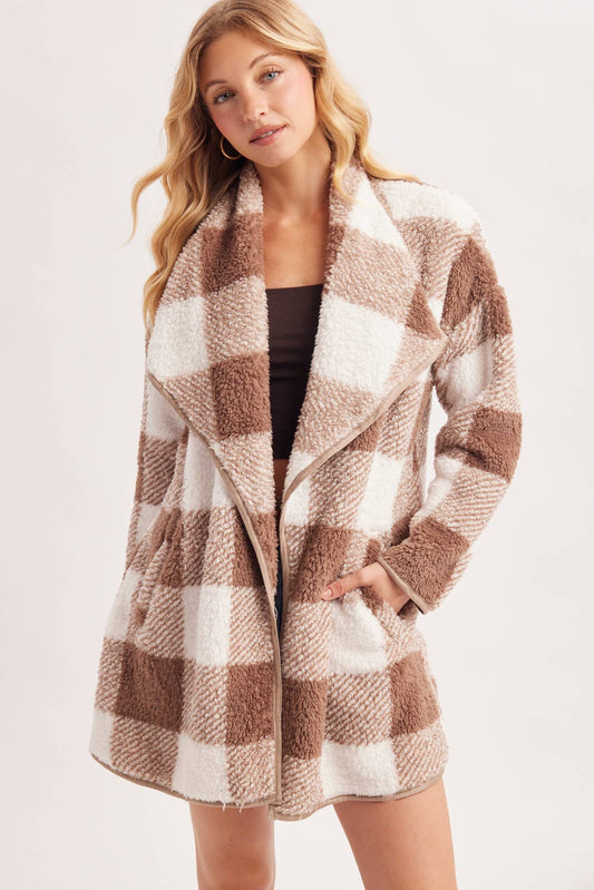 PLAID KNIT SHERPA JACKET
