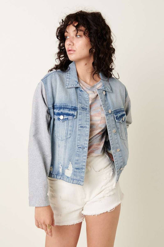 FRENCH TERRY SLEEVE DENIM JACKET
