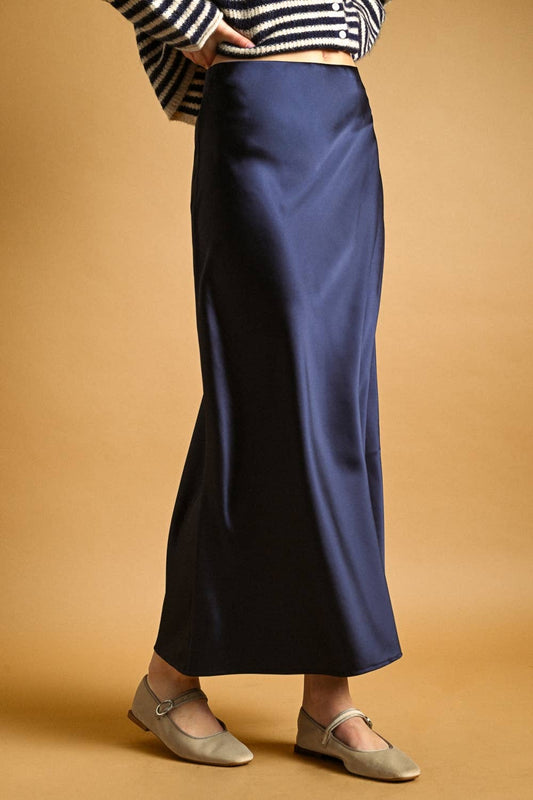 NAVY SATIN MAXI SKIRT