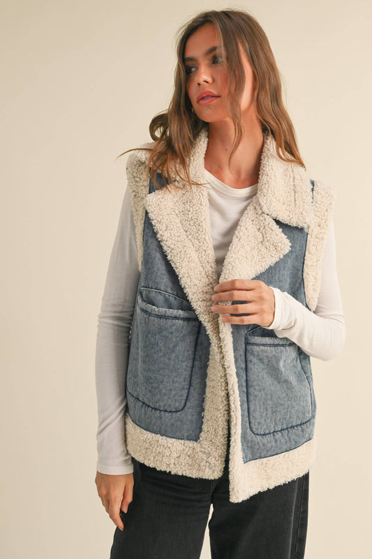 SHERPA CONTRASTED DENIM VEST JACKET